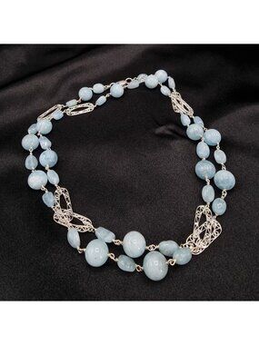 925 Sterling Silver Aquamarine Beaded Necklace Signed BJ China